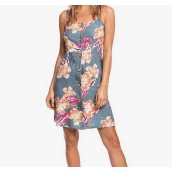 ROXY Sweet About Me Tropical Print Blue Sundress Button Front Size Medium - Picture 1 of 13